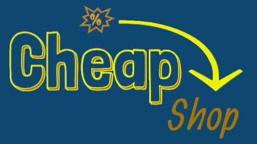 Neon sign with 'Cheap Shop' text on a blue background